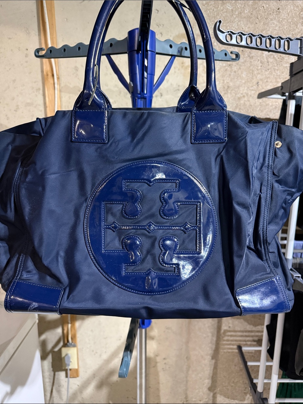 Tory Burch Navy Patent-Trim Logo Tote